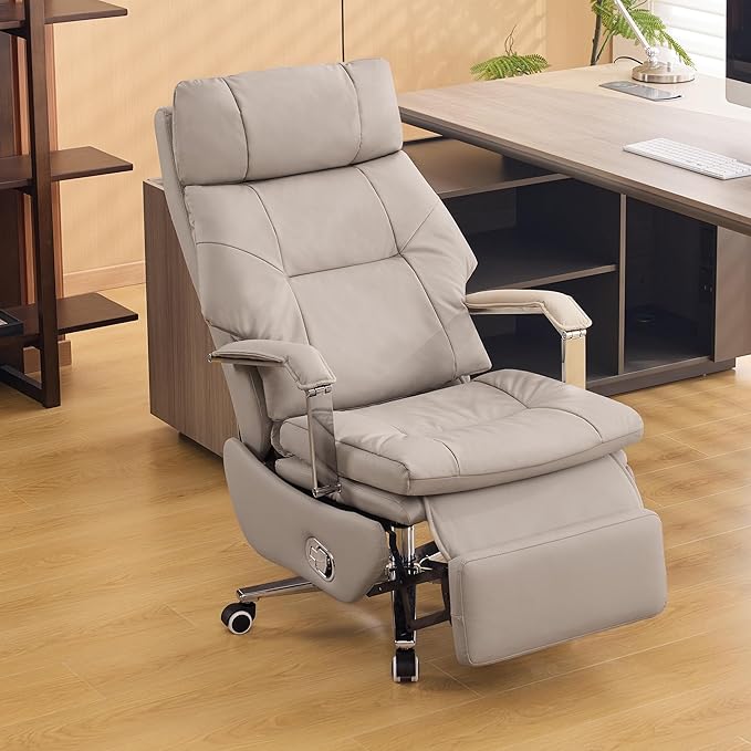 Big and Tall Executive Office Chairs with Footrest, Ergonomic 360° Swivel Desk Chair High Back Recliner, Manual 150° Reclining Computer Gaming Chair with Wheels for Home Office Faux Leather, Khaki
