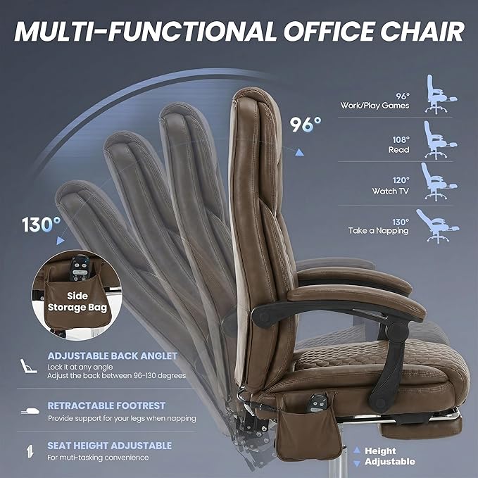 MALOL Massage Office Chair with Heat and Footrest - 3-Level 65°C Targeted Heating, 20-Min Easy Assembly Leather Desk Chair, Big and Tall Executive Computer Chair with Side Pocket, 300 lbs, Brown