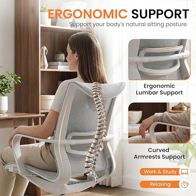LuxErgo Ergonomic Mesh Office Chair, Mid Back Desk Chair with Lumbar Support & Armrests, Height Adjustable, 115° Recline, 360° Swivel Rolling Task Chairs for Home Office, Grey