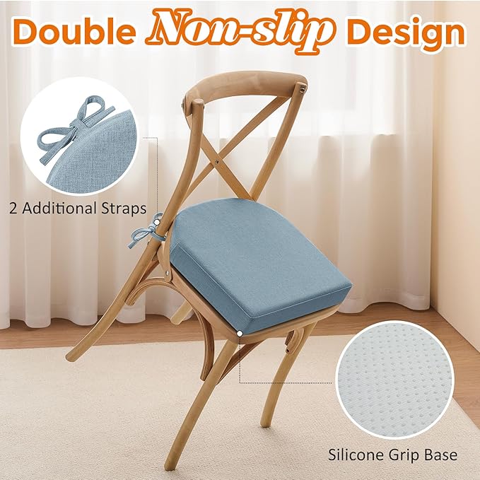 downluxe Chair Cushions for Dining Chairs, Memory Foam Linen Kitchen Chair Pads with Ties, Waterproof, Stain-Resistant and Washable Cover, 17" x 16" x 2.5", Light Blue, 4 Pack