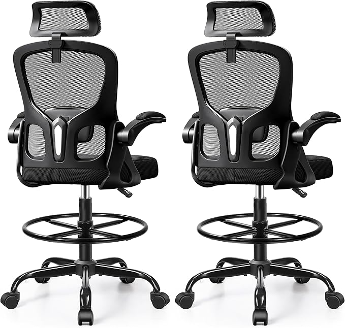 Drafting Chair, Tall Office Chair for Standing Desk, Ergonomic High Back with Headrest, Lumbar Support, Foot Ring and Flip-up Armrests, Black, Pack of 2
