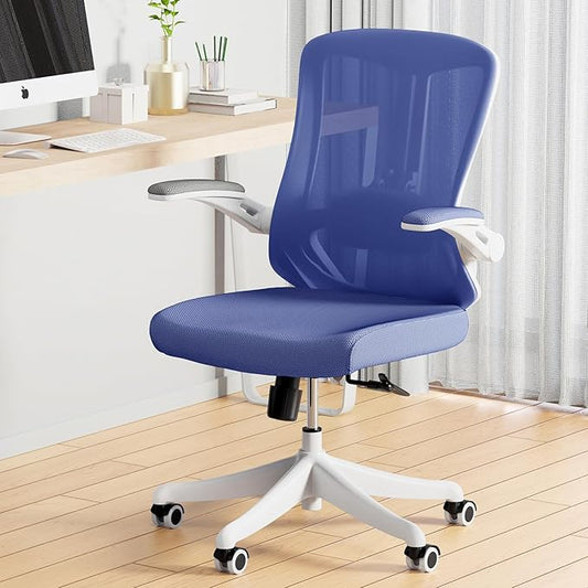 350 LBS Ergonomic Office Computer Mesh Chair - Adjustable Height Rolling Desk Chair with Flip-Up Armrests & High Back Support - Comfortable Swivel Task Chair for Home Office (02BLUE)