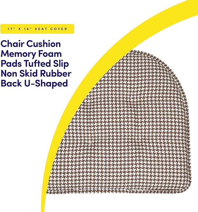 Sweet Home Collection Chair Cushion Memory Foam Pads Tufted Slip Non Skid Rubber Back U-Shaped 17" x 16" Seat Cover, 6 Pack, Houndsooth Brown