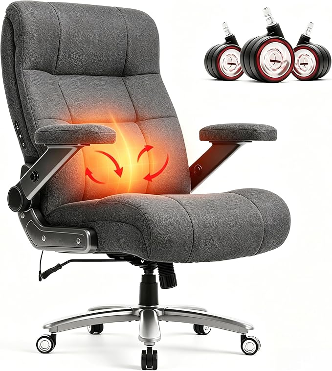 600LBS Big and Tall Massage Office Chair, Extra Wide Seat - 3D Kneading Massage & Heat Office Chair with Heavy Duty Metal Base, 3D Flip Arms, Fabric Ergonomic with Thick Spring Cushion