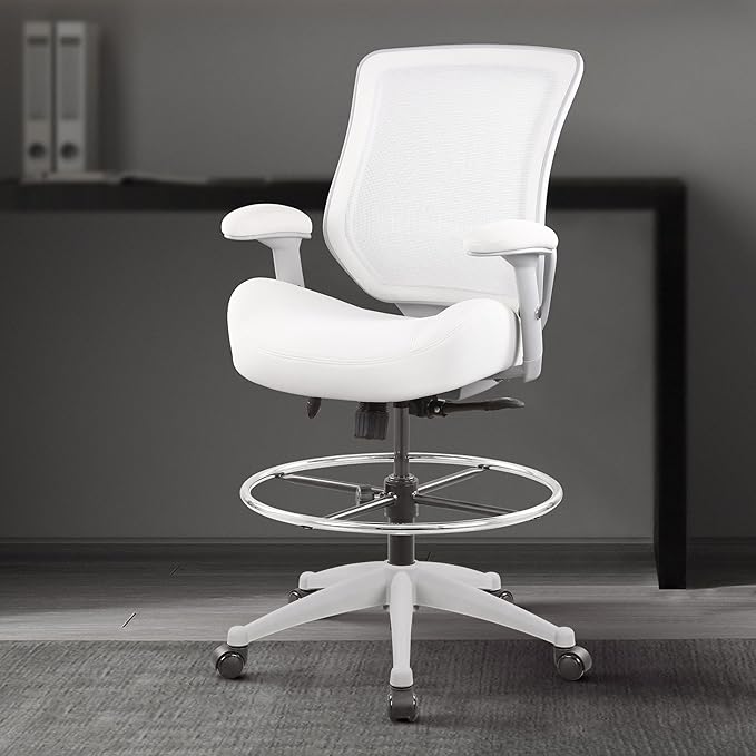 BOLISS 400lbs Mesh Ergonomic Office Drafting Chair Big Adjustable Foot Ring Height Adjustable Armrest (Wht)
