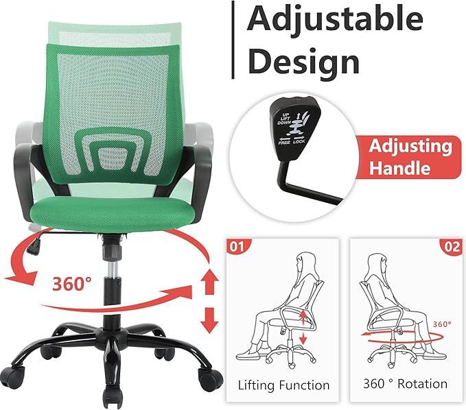 PayLessHere Office Computer Chair Ergonomic Cheap Desk Chair Adjustable Comfortable Mid Back Task Rolling Swivel with Lumbar Support for Home Office (Pack of 1, Green)