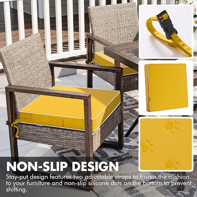 MIULEE Yellow 19 x 19 x 3 Outdoor Chair Cushions Waterproof Patio Chair Cushions with Adjustable Straps Set of 2 for Patio Furniture 3-Year Color Fastness Garden Sofa Couch
