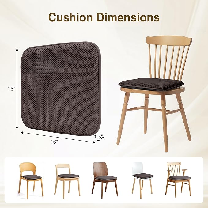 puredown® Chair Cushions for Dining Chairs, Set of 2 Memory Foam Seat Cushions with Non-Slip Backing & Ties, 16" x 16" x 1.5", Comfortable & Supportive Dining Chair Pads for Kitchen, Coffee