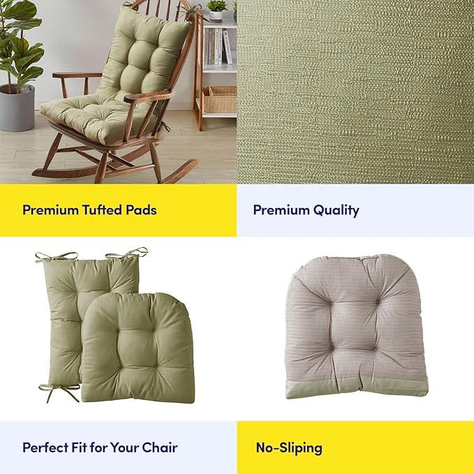 Rocking Chair Cushion Premium Pads Non Skid Slip Backed Set of Upper and Lower with Ties