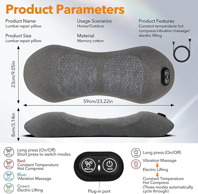 3 in 1 Back Massager Electric Lumbar Support Pillow with Heat, Adjustable Height for Bed and Chair, Design to Support Lower Back Comfort, Relaxation Device for Home Use