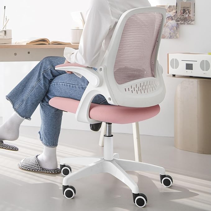 NEO CHAIR Office Desk Gaming Ergonomic Computer Chair with Lumbar Back Support Adjustable Height Swivel Rolling Wheels Flip-up Arms Mesh Chair for Home Vanity (Pink)