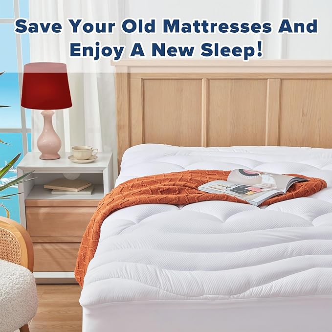 ELVEN HOME Full Size Mattress Pad for Pain Relief, Quilted Fitted Cooling Mattress Topper for Double Bed, Pillow Top Mattress Protector Cover with 8-21" Deep Pocket (54x75 inch, White)