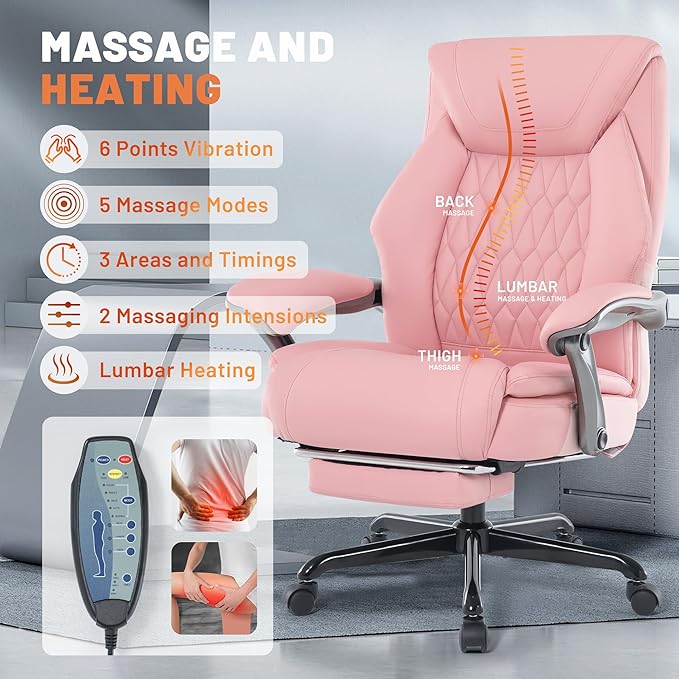 Massage Office Chair with Heat & Foot Rest, 6 Points Vibration, Ergonomic Executive Reclining Desk Chair, PU Leather Padded Seat for Home Office Comfort