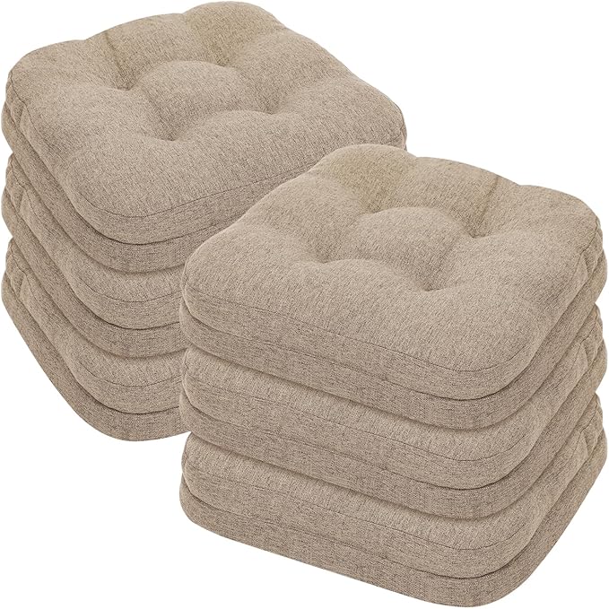 baibu Set of 6 Dining Chair Cushions, Dual-Layer Patent Design Memory Foam Kitchen Chair Cushions, Non-Slip Seat Pads with Ties, 16.5 x 16.5 x 3.5in, 6 Pack, Khaki
