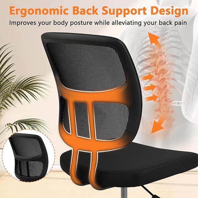 CLATINA Armless Home Office Chair, Small Ergonomic Mesh Back Desk Chair with Lumbar Support and Wheels, Adjustable Height 360° Swivel Rolling Computer Chair for Conference Waiting, Black, 2Pack