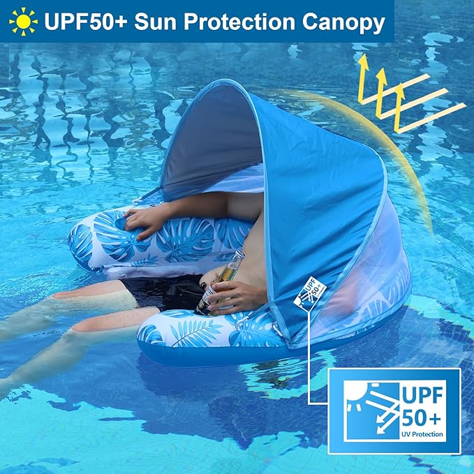 COOLCOOLDEE Pool Float with Canopy, Cup Holder - XL Pool Chair Lounge Float with Adjustable Sun Shade Cover, Drink Holder, Ergonomic Headrest,Inflatable Pool Float for Adults