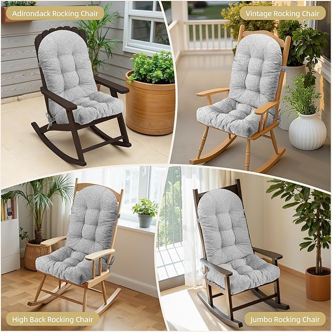 Rocking Chair Cushion - Lola Cotton-Linen Fabric, High-Density Sponge, Durable Comfort Non-Slip Bottom Tufted Seat Pads with Ties, Lola︱Ash Gray, 44x19x4 inch