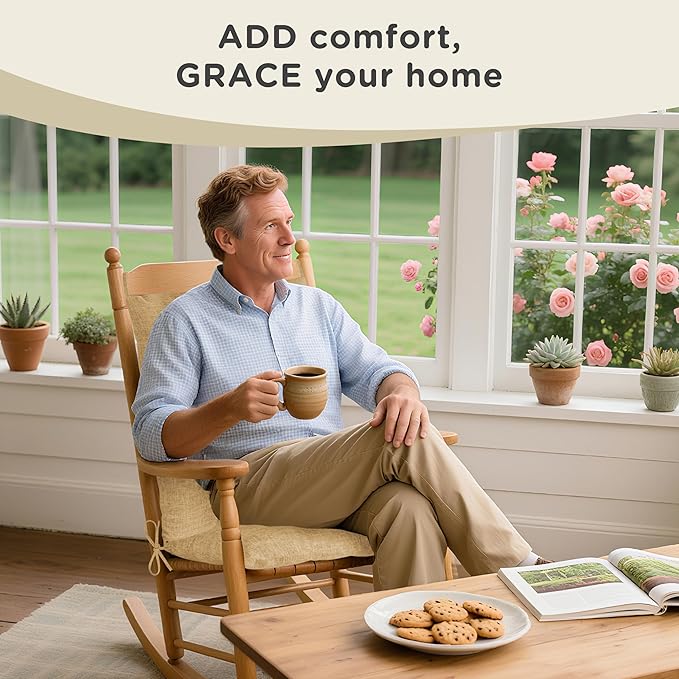 AddGrace Rocking Chair Cushions Indoor Tufted Cushions for Rocking Chairs with Ties Comfortable Textured Fabric Set of Seat & Back Cushion 21x17/17x17 Khaki