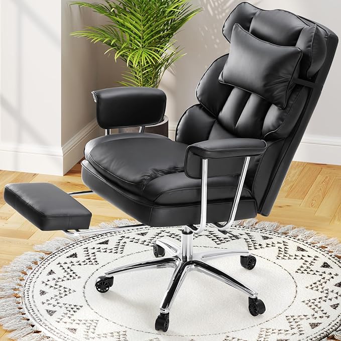 DUMOS Home Office Desk Executive Chair - Ergonomic Big Tall High Back with Footrest & Lumbar Support, Reclining Height Adjustable, Comfy PU Leather Computer Gaming with Swivel Wheels, Black