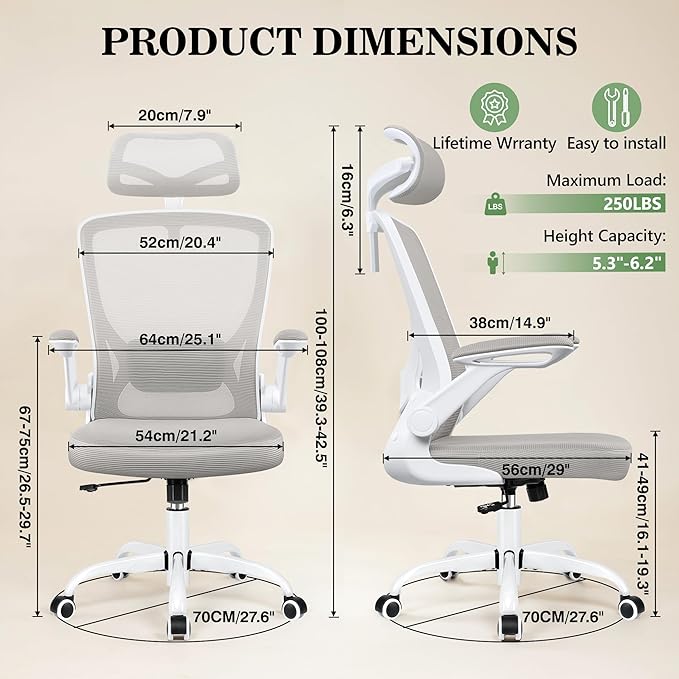 BESTFAIR Office Chair Ergonomic Desk Chair, Breathable Mesh Office Chairs with Adjustable Lumbar Support, Flip-Up Arms, Computer Desk Chair Comfy for Home Office, Light Gray