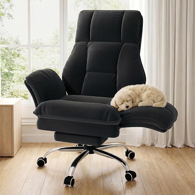 Big and Tall Office Chair, Executive Ergonomic Computer Gaming Chair with Foot Rest, Flip Armrests for Cross Legged Sitting & Pets, Crystal Velvet Wide Seat Reclining Desk Chair, Criss Cross Chair