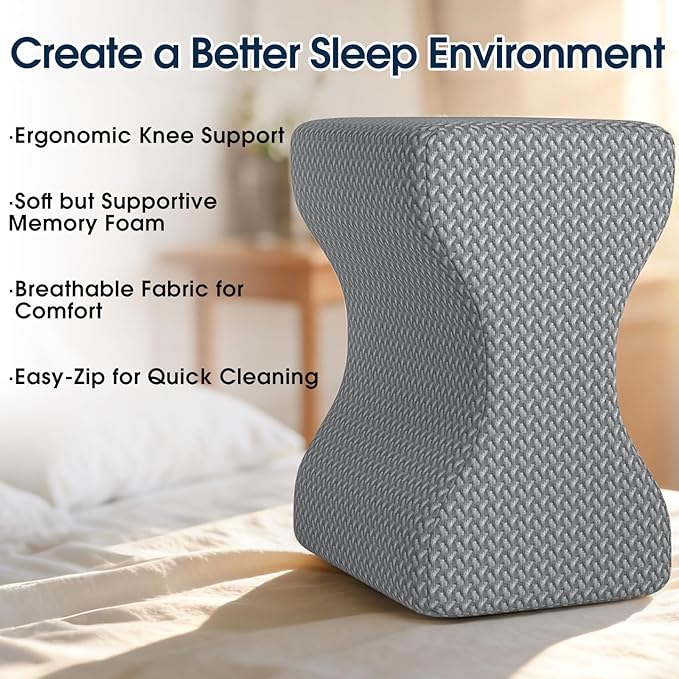 BlissTrends Memory Foam Knee Pillow, Knee Pillow for Side Sleepers, Leg Pillows for Sleeping Blood Circulation, Elevation Pillow for Spine Aligning, Sciatica, Hip, Knee, Ankle Pain, Grey, Medium