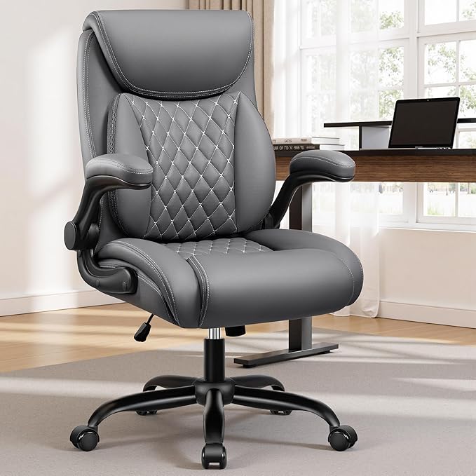 BESTFAIR Office Chair, Ergonomic Computer Desk Chairs with Lumbar Support for Lower Back Pain Relief, Executive Leather Home Chair Comfy with Padded Flip-up Armrests, Gray, 6-Pack