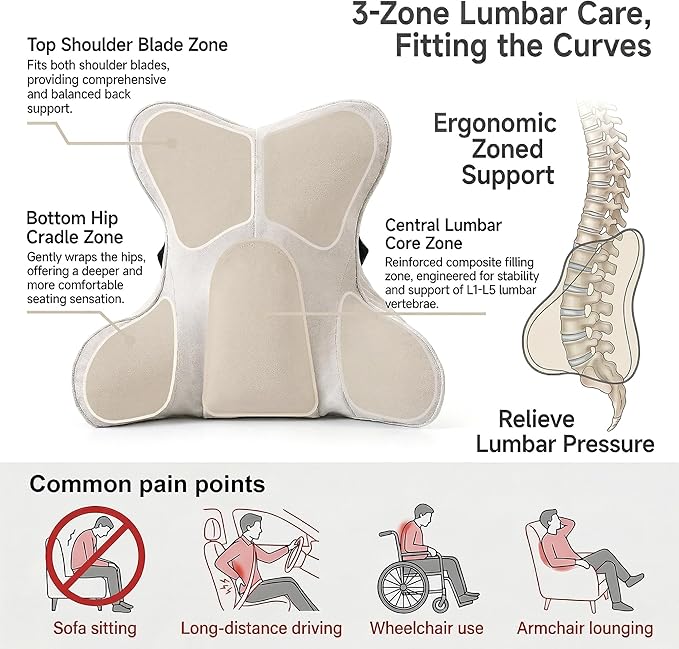Lumbar Support Pillow for Office Chair, Back Support Cushion, Lumbar Pillow for Desk Chair, Ergonomic 3-Zone Back Cushion for Sitting Comfort, Misty White