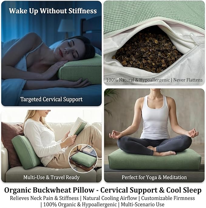 Buckwheat Pillow & Cervical Pillows for Sleeping (21x8x3inch), Natural Cooling Technology and Relieve Cervical Pain, 100% Organic Coarse Cloth Package w Organic Buckwheat Hulls. (C-Green)