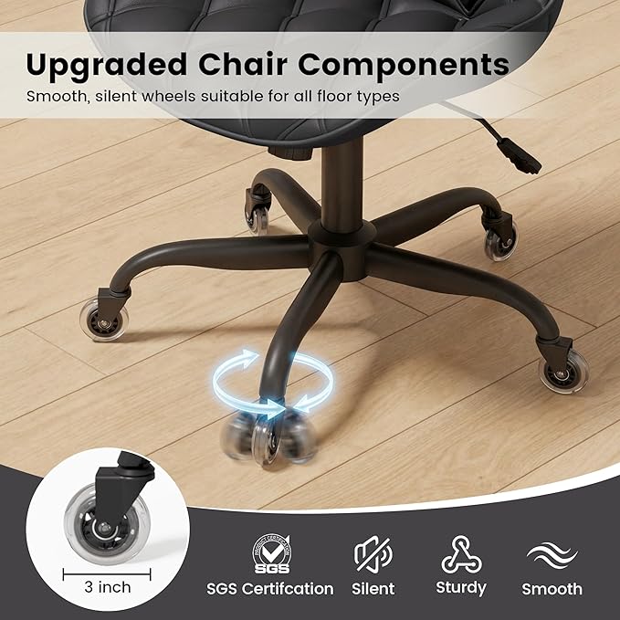 Armless Office Chair, Mid Back Modern Desk Chair with Rubber Wheels, 360 Swivel PU Leather Office Chair No Arms, Adjustable Height Small Computer Chair, Armless Desk Chair for Office, Black