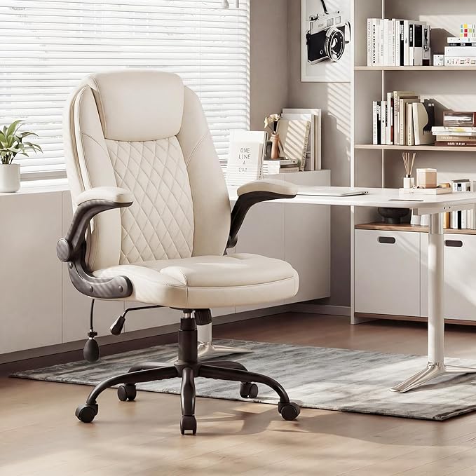 MALOL Leather Office Chair, Home Desk Chair with Adjustable Lumbar Support, Thick Cushion, Flip-Up Arms and Ergonomic Back, Comfy Executive Office Chair for Home Office,Beige