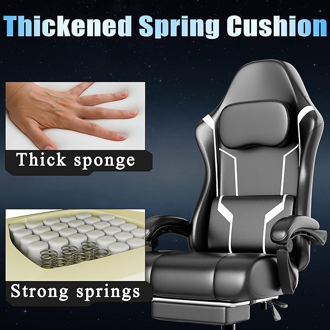 Ergonomic Gaming Chair, Video Game Chair with Pocket Spring Cushion and Footrest, Height Adjustable Computer Chair with Swivel Seat and Headrest (White)