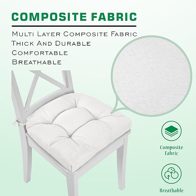SQUARE MOON Chair Cushions for Dining Chairs, 3 Inch Thick Comfortable Kitchen Chair Pads, Dining Room Seat Cushions with Ties, Machine Washable, 17" x 16" x 3", 4/Pack, White