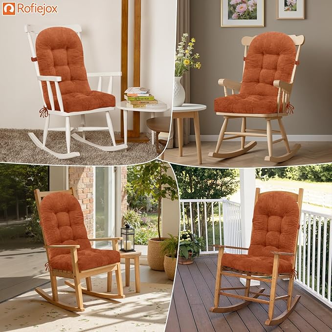 Rocking Chair Cushion - Chenille Fabric, High-Density Sponge, Durable Comfort Non-Slip Bottom Tufted Seat Pads with Ties, Chenille︱Amberglow, 44x19x4 inch