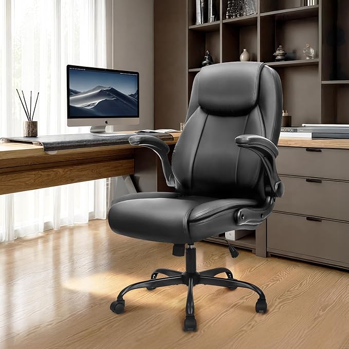 NEO CHAIR Office Desk Gaming Computer Home Chair Ergonomic Executive High Back Support Flip-up Arms Adjustable Height Swivel Rolling Wheels Comfy PU Leather (Black)