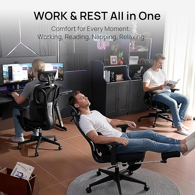 CabLady S1 Petite Ergonomic Home Desk Chair with Footrest and Headrest, High Back Fixed Lumbar Support with Detachable Pillow, Reclining Cute Office Chair for Women & Girls, 300 LBS Capacity
