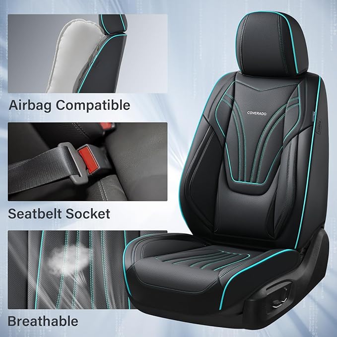 Coverado Car Seat Covers Full Set, 5 Piece Car Seat Protector with Lumbar Support & Removable Headrest, Breathable Leather Front Rear Seat Cushion Universal Fit for Truck Automotive Black & Blue