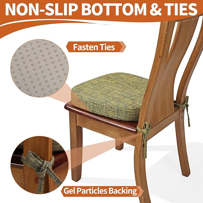 SINOSSO Thickened 2.5" Dining Chair Cushions, Soft Blended High Density Support Foam Kitchen Seat Cushions with Ties, U-Shaped Non-Slip Indoor Chair Pads, 16.5" x 16", 2 PCS, Yellow