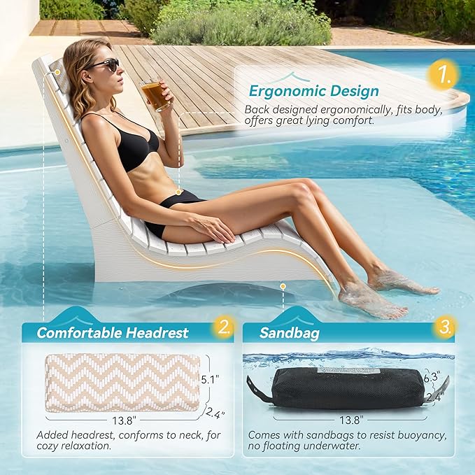 HDPS Pool Lounge Chairs, Use in Pools Lounge Chairs up to 10-Inches of Water, Chaise Chairs with Headrest, Lounge Chair Outdoor, Fade-Resistant Pool Lounger for Deck