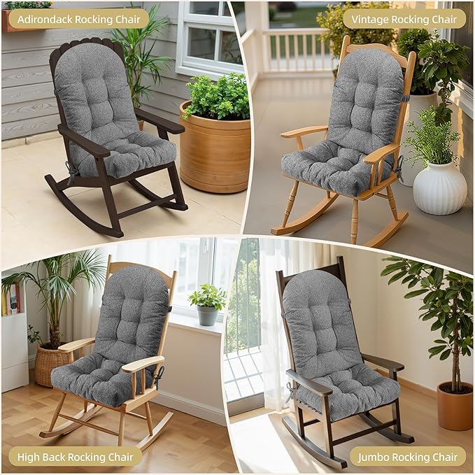 Rocking Chair Cushion - Lola Cotton-Linen Fabric, High-Density Sponge, Durable Comfort Non-Slip Bottom Tufted Seat Pads with Ties, Lola︱Slate Gray, 44x19x4 inch