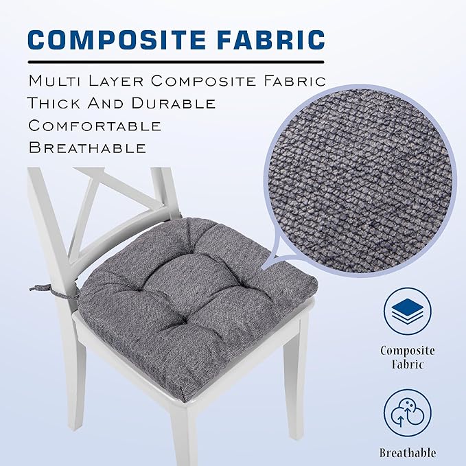 SQUARE MOON D-Shaped 3" Thick Chair Cushions, Chair Pads for Dining Chairs and Kitchen Chairs, Indoor Dining Room Seat Cushions with Ties, Machine Washable, 17" x 16" x 3", 4/Pack, Grey