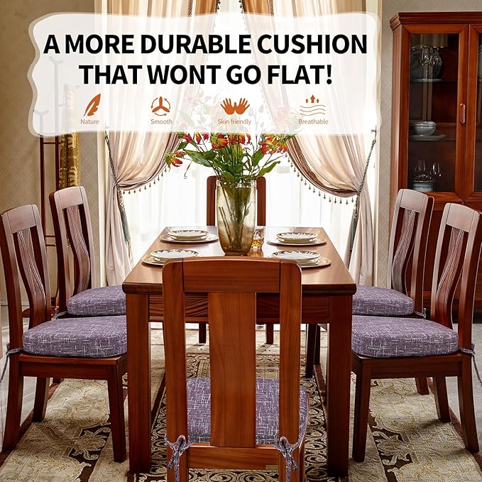 SINOSSO Chair Cushions for Dining Chairs, Soft Blended 2.5" High Density Support Foam Kitchen Seat Cushions with Ties, U-Shaped Non-Slip Indoor Chair Pads, 16.5" x 16", 2 PCS, Purple