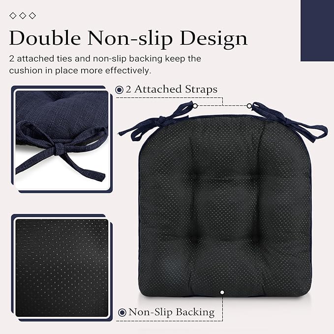 Wellsin Chair Cushions for Dining Chairs, Non-Slip Kitchen Chair Pads with Ties, Tufted Shredded Foam Kitchen Chair Cushions Set of 2, 15.5" X 15.5", Navy