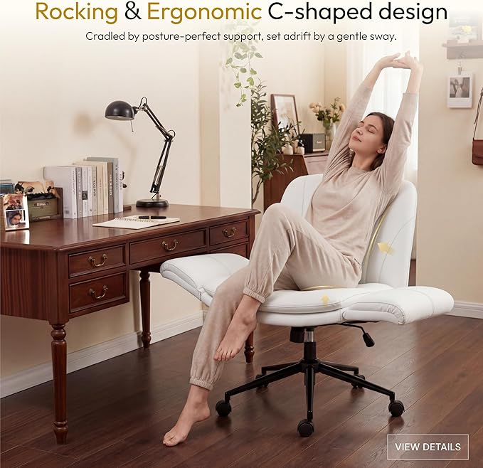 Dowinx Criss Cross Chair with Five-Level Adjustable Arms and Wheels - Comfortable Ergonomic PU Leather Swivel Vanity Chair - Computer Makeup Gaming Chair for Home Office, Bedroom, Vanity Room (Beide)