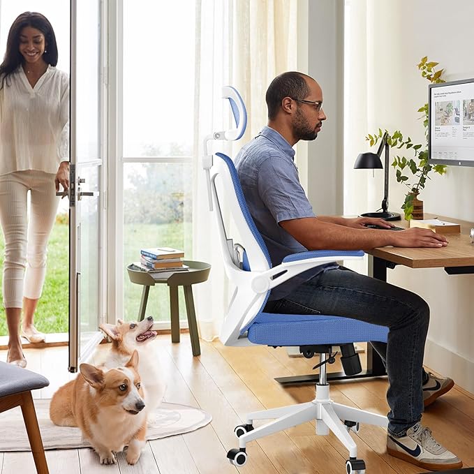 350 LBS Ergonomic Office Computer Mesh Chair - Adjustable Height Rolling Desk Chair with Flip-Up Armrests & High Back Support - Comfortable Swivel Task Chair for Home Office (03BLUE)