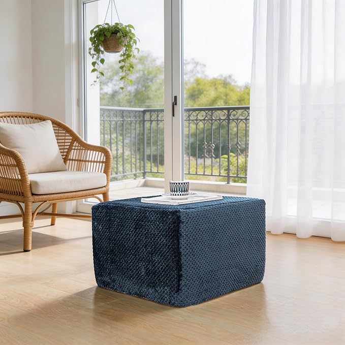 Furry Square Pouf Ottoman – 20"x14" One-Piece Seamless Integral Foam Foot Stool Ottoman Foot Rest Living Room Bedroom Under Desk (Navy Blue)