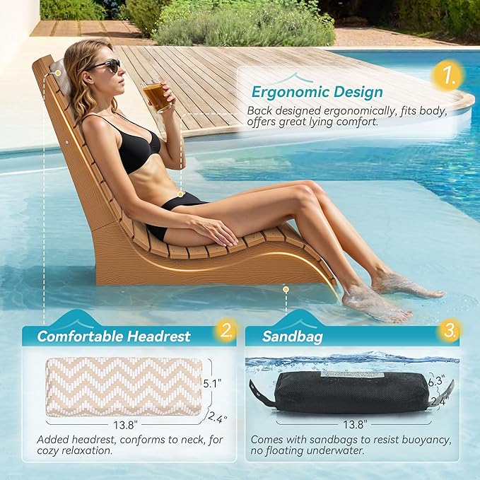 HDPS Pool Lounge Chairs, Use in Pools Lounge Chairs up to 10-Inches of Water, Chaise Chairs with Headrest, Lounge Chair Outdoor, Fade-Resistant Pool Lounger for Deck