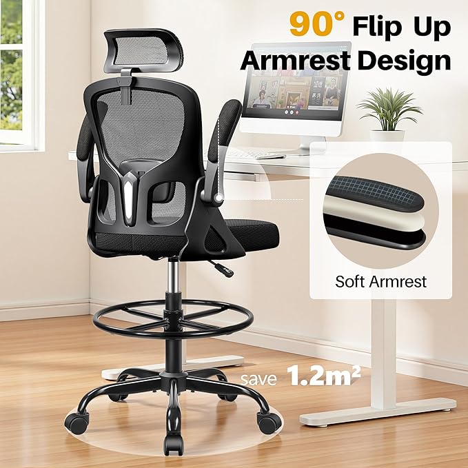 Drafting Chair, Tall Office Chair for Standing Desk, Ergonomic High Back with Headrest, Lumbar Support, Foot Ring and Flip-up Armrests, Black
