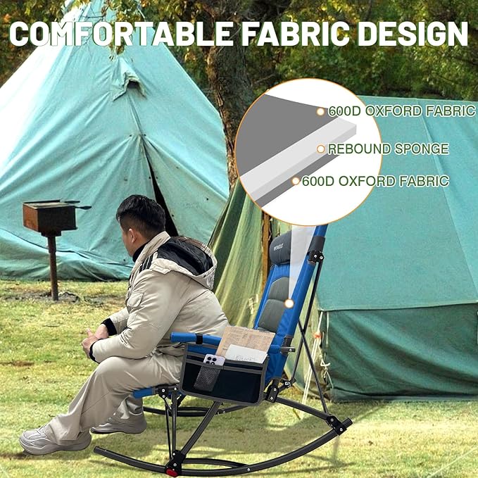 13.8" High Seat Rocking Camping Chair Outdoor with Foot Rest & Headrest, Oversized Folding Rocker Chair with Carry Bag for Lawn Patio Supports 300 lbs