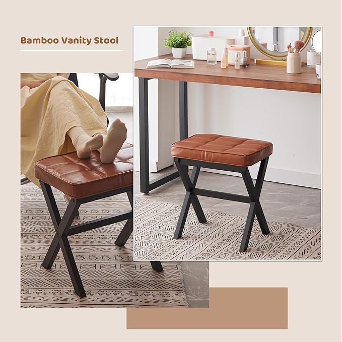 Foot Stool Small Ottoman Foot Rest Padded Foot Stool Desk for Under Office Desk Vanity Stool Bamboo Footstool Sofa Footrest Shoe Stool Small Foot Stools (Black Legs + Reddish Brown)